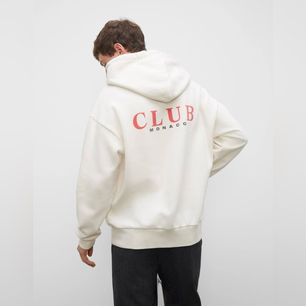 CLUB MONACO Graphic Hoodie in Cream. Medium. Unisex sizing. Vintage look.